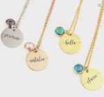 Stainless steel gold plated round brand laser marking lettering birthstone women