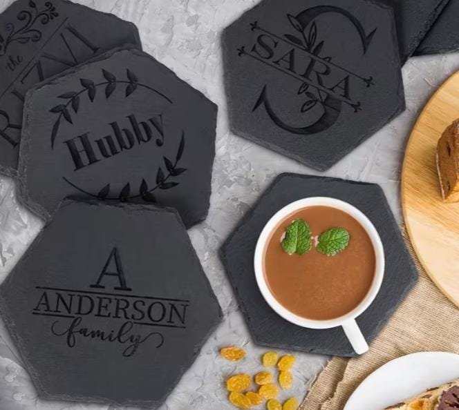 il_fullxfull.8141274406_hd01.jpg Personalised Slate Coasters Hexagon Shaped Laser Engraved Drink Bar Table Coaster - Image 1