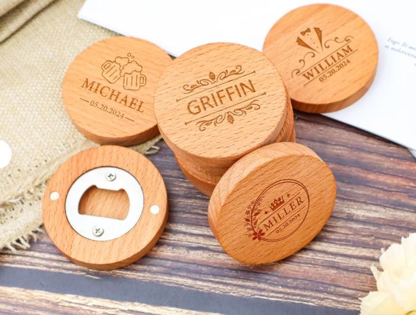 il_fullxfull.8190737811_1jvq.jpg Magnetic Round Wood Bottle Opener Custom Engraved Bamboo Refrigerator Sticker - Image 1